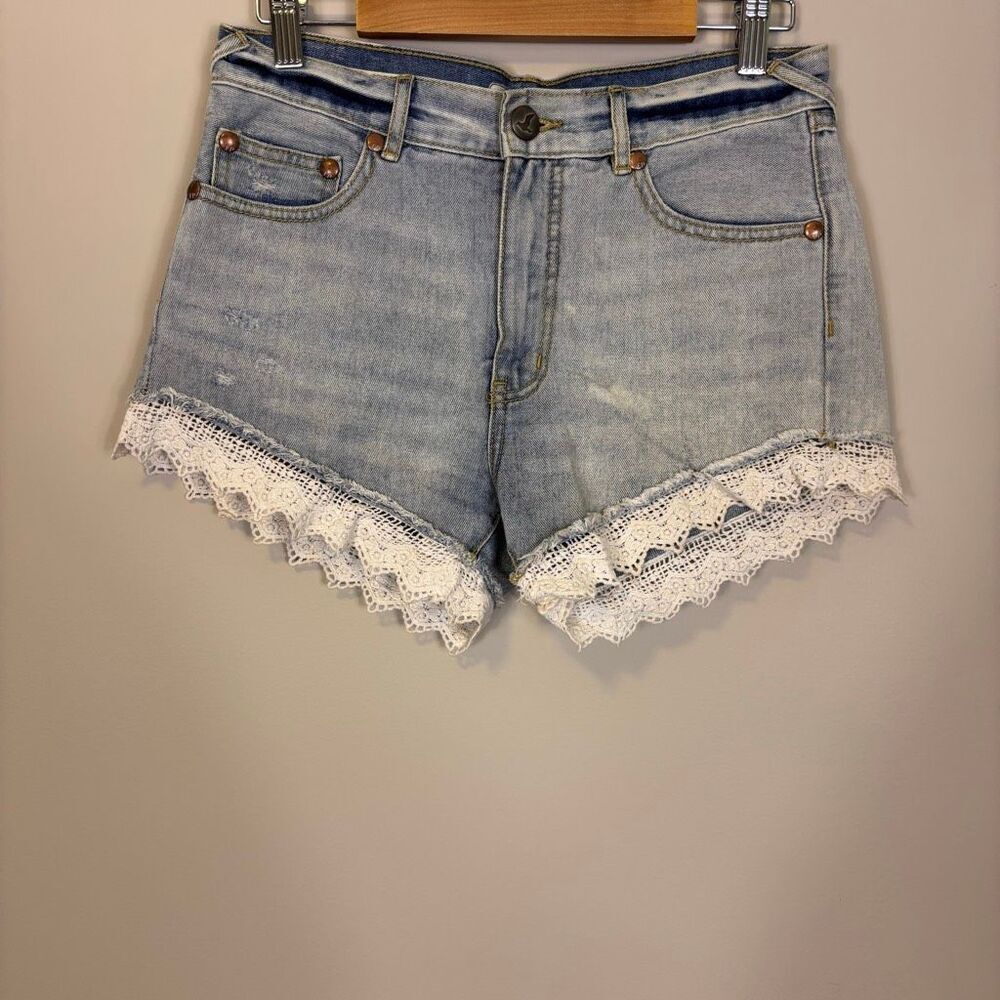 Free People Light Blue with White Lace Trim Bottom Hi Rise Jean Shorts Size 25